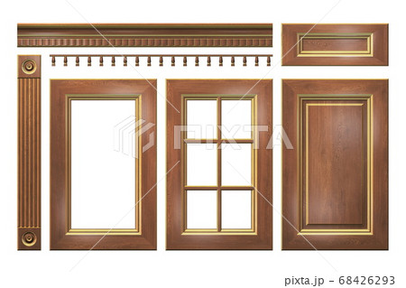 Wooden with gold door, drawer, column, cornice for kitchen cabinet isolated on white Wooden with gold door, drawer, column, cornice for kitchen cabinet isolated on white 68426293