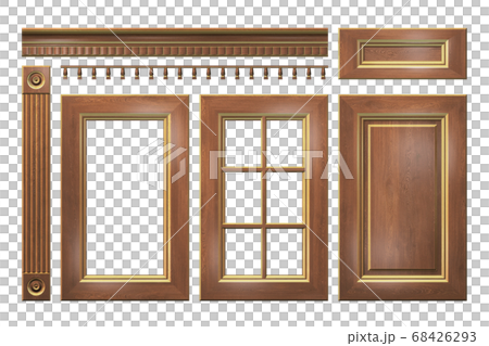 Wooden with gold door, drawer, column, cornice for kitchen cabinet isolated on white Wooden with gold door, drawer, column, cornice for kitchen cabinet isolated on white 68426293
