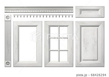 Front collection of old wooden door, drawer, column, cornice for kitchen cabinet isolated on white Front collection of old wooden door, drawer, column, cornice for kitchen cabinet isolated on white 68426294