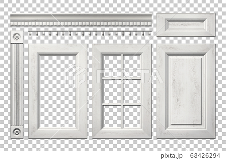 Front collection of old wooden door, drawer, column, cornice for kitchen cabinet isolated on white Front collection of old wooden door, drawer, column, cornice for kitchen cabinet isolated on white 68426294