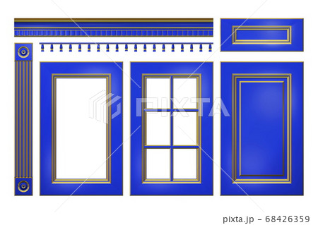 Blue with gold door, drawer, column, cornice for kitchen cabinet isolated on white 68426359