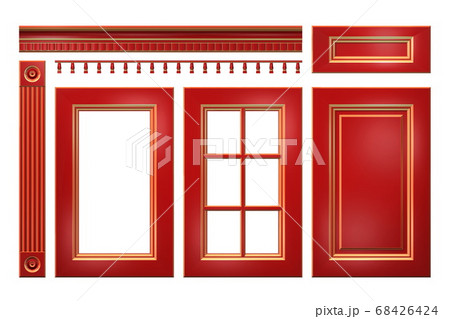 Red with gold door, drawer, column, cornice for kitchen cabinet isolated on white  68426424