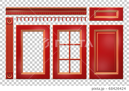 Red with gold door, drawer, column, cornice for kitchen cabinet isolated on white  68426424