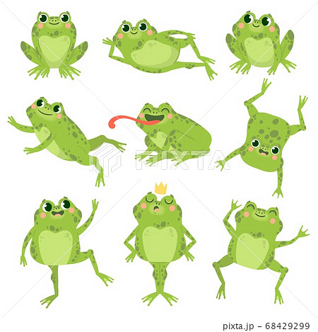 Cute frogs. Green funny frogs in various poses,... - Stock Illustration  [68429299] - PIXTA