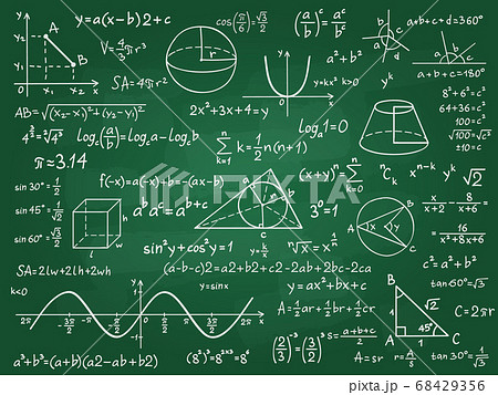 Math theory. Mathematics calculus on class chalkboard. Algebra and geometry science handwritten formulas vector education concept 68429356