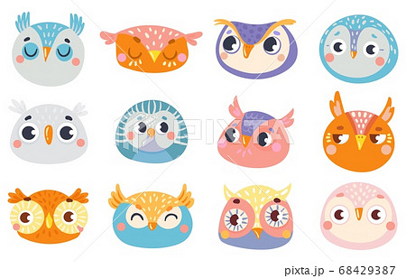 Cute owl faces. Set of face owl fun, drawing childish 68429387