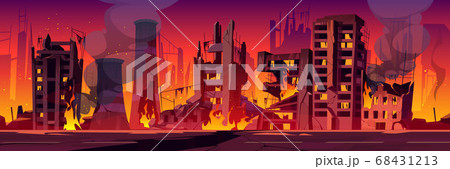 City in fire, war destroy burning broken buildings 68431213