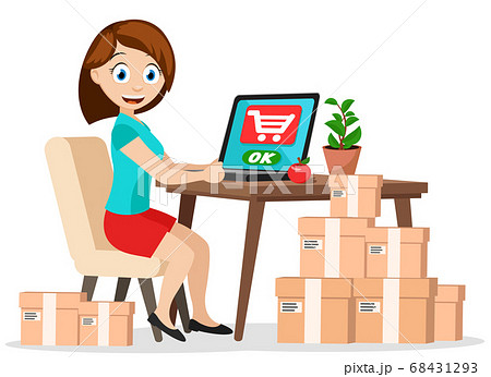 A girl sits at a table with a laptop and orders A girl sits at a table with a laptop and orders 68431293