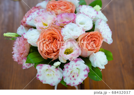 view top. bouquet of white and pink peony roses.  68432037