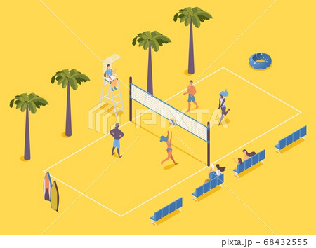 Isometric beach volleyball with players, judge and Isometric beach volleyball with players, judge and 68432555