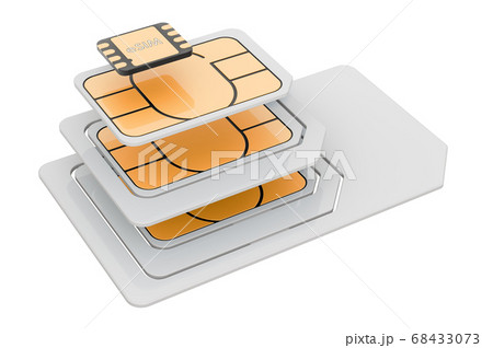 eSIM, nano, micro and mini sim cards, 3D rendering eSIM, nano, micro and mini sim cards, 3D rendering 68433073