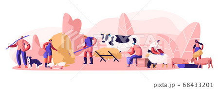 People Doing Farming Job Feeding Domestic Animals 68433201