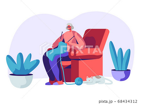 Happy Senior Grey Haired Woman in Glasses Knitting 68434312
