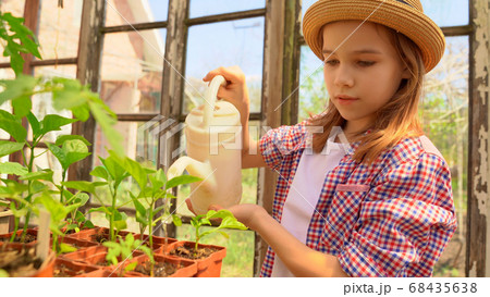 Adorable teen girl kid in hat watering seedlings Adorable teen girl kid in hat watering seedlings 68435638