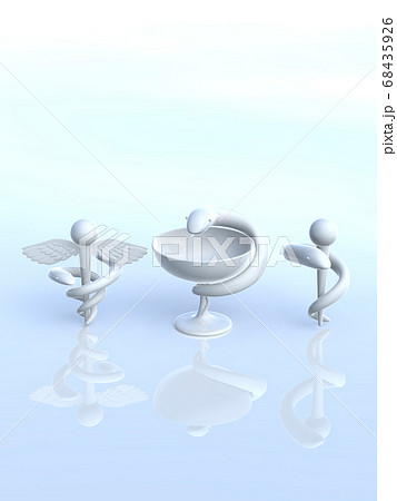 白いカドゥケウスの杖・ヒュギエイアの杯・アスクレピオスの杖背景あり　3DCGイラストデザイン 68435926