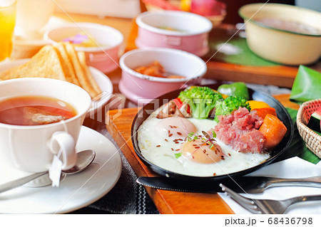 Morning Breakfast - Fried eggs with sausages, 68436798