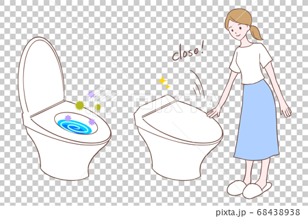 トイレの蓋を閉める女性と閉めずに飛散する菌のイラストのイラスト素材