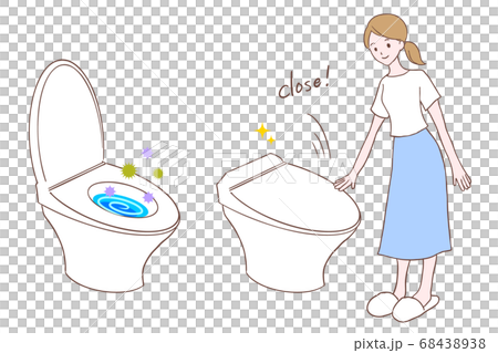 トイレの蓋を閉める女性と閉めずに飛散する菌のイラストのイラスト素材