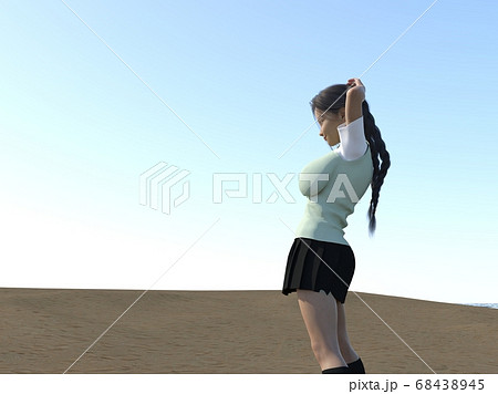 砂浜で空をながめる制服姿のおさげ髪の少女のイラスト素材
