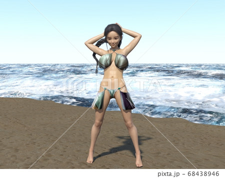 海辺で髪を押さえる水着姿のおさげ髪の少女のイラスト素材