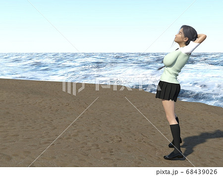 海辺で背伸びする制服を着たおさげ髪の少女のイラスト素材