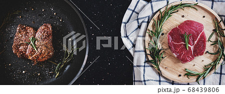 Grilled beef steak and Raw meat on black table 68439806
