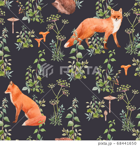 Beautiful vector seamless floral pattern with watercolor forest plants and animals. Stock illustration. Beautiful vector seamless floral pattern with watercolor forest plants and animals. Stock illustration. 68441650