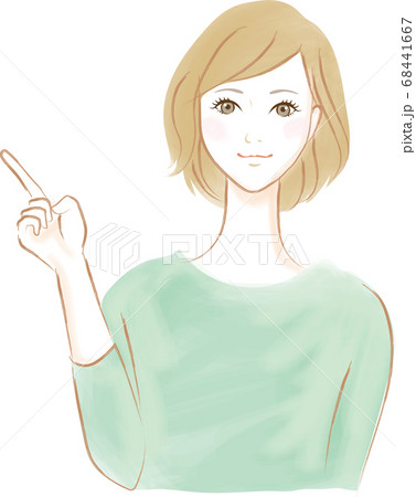 右の人差し指を立てポイントを述べる笑顔の女性 右の人差し指を立てポイントを述べる笑顔の女性 68441667