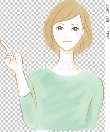 右の人差し指を立てポイントを述べる笑顔の女性 右の人差し指を立てポイントを述べる笑顔の女性 68441667