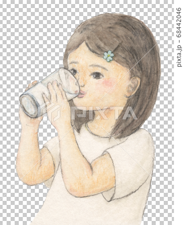 Girl in a white T-shirt drinking milk, watercolor colored pencil drawing Girl in a white T-shirt drinking milk, watercolor colored pencil drawing 68442046