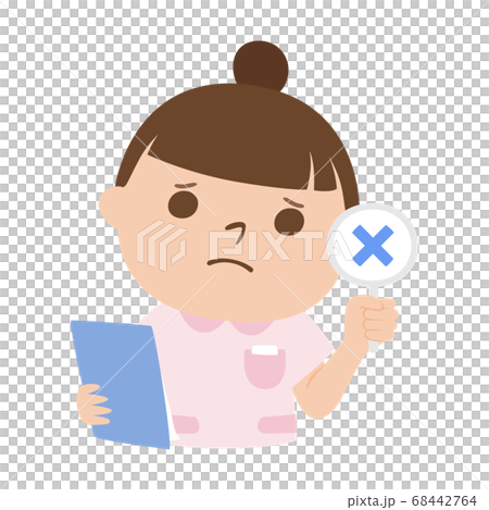 女性看護師のイラスト。不正解のバツマークを持ってる女性。 女性看護師のイラスト。不正解のバツマークを持ってる女性。 68442764