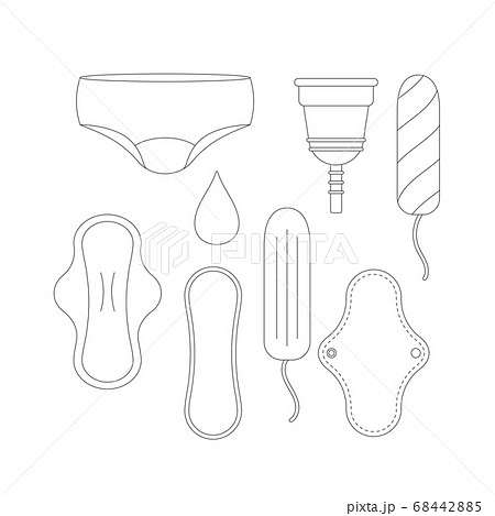 Women sanitary napkin hygienic tampon reusable pad menstrual cup underpants and drop icon set isolated on white background 68442885