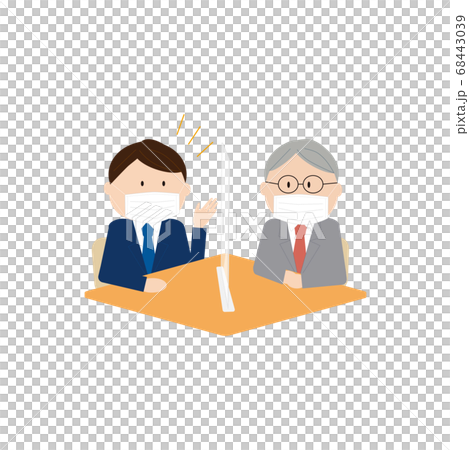 A businessman wearing a mask over an acrylic board and talking in person 68443039