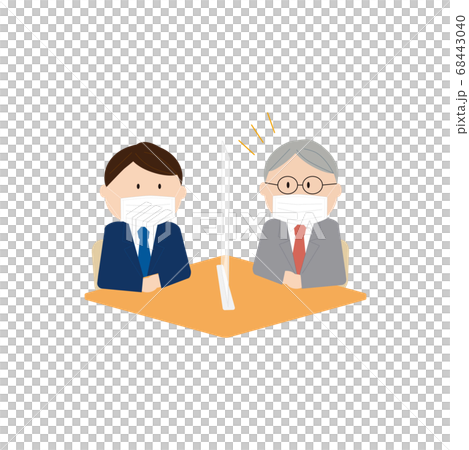 A businessman wearing a mask over an acrylic board and talking in person A businessman wearing a mask over an acrylic board and talking in person 68443040