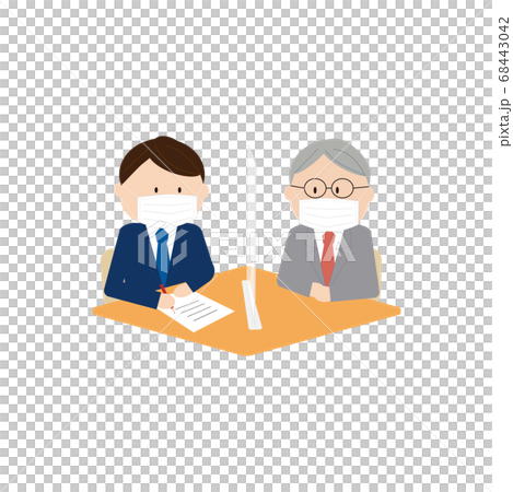 Businessman wearing a mask over an acrylic board and talking face-to-face (fill out documents) Businessman wearing a mask over an acrylic board and talking face-to-face (fill out documents) 68443042