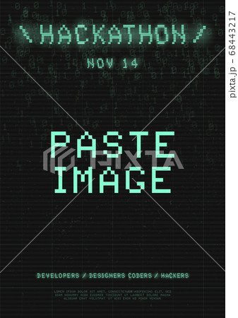 Hackathon flyer. Retrowave cyberpunk futuristic cover with 8-bit pixel glitch typography, binary code and copy space. Set of dates with numbers. Vector Hackathon flyer. Retrowave cyberpunk futuristic cover with 8-bit pixel glitch typography, binary code and copy space. Set of dates with numbers. Vector 68443217