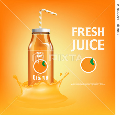 Orange juice ad poster with realistic glass bottle with striped straw Orange juice ad poster with realistic glass bottle with striped straw 68444618
