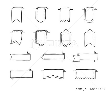 手書きのおしゃれなリボンやラベルのイラストのセット かわいい フレーム 枠 旗 装飾のイラスト素材