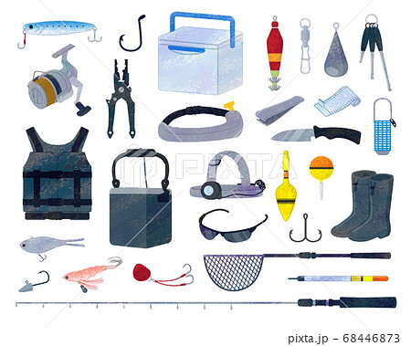 魚釣り道具イラスト素材セット アナログ風のイラスト素材