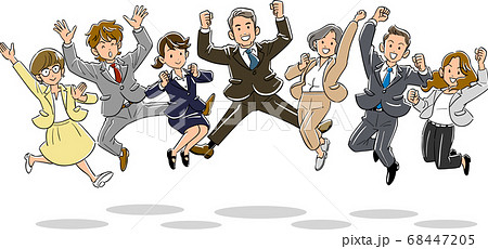 上司を中心にジャンプする7人のビジネスチームのイラスト素材