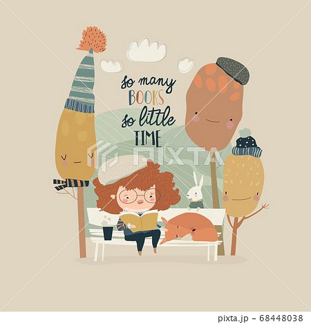 Cute cartoon girl reading book in autumn forest Cute cartoon girl reading book in autumn forest 68448038