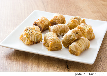 Turkish dessert baklava on wooden table Turkish dessert baklava on wooden table 68448632