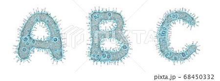 Set of letters made of virus isolated on white background. Capital letter A, B, C. 3d rendering. Covid font 68450332