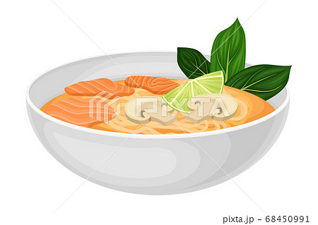 Noodle Soup with Salmon Slabs and Mushrooms as Seafood Dish Vector Illustration 68450991