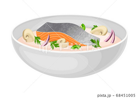 Thick Creamy Soup with Salmon Slab and Mushrooms as Seafood Dish Vector Illustration 68451005