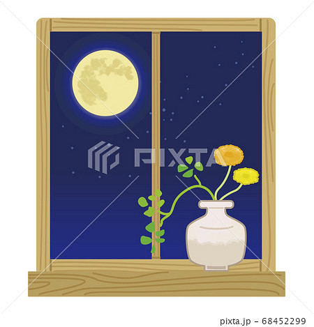 月が見える窓辺のイラストのイラスト素材