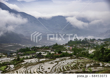 Rice field terraces. Mountain view in the clouds. 68453073