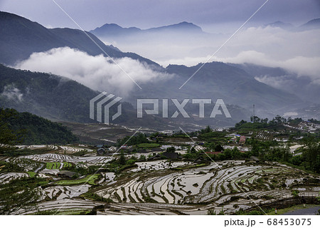 Rice field terraces. Mountain view in the clouds. Rice field terraces. Mountain view in the clouds. 68453075