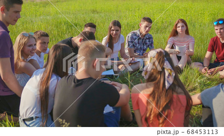 Teamwork of friendly students on the grass. Teamwork of friendly students on the grass. 68453113