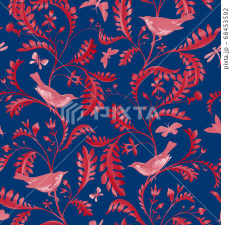 Seamless pattern with birds, dragonfly and branches with leaves. Hand drawn by color pencils realistic flora and fauna background. Nature motif in vintage style 68453592